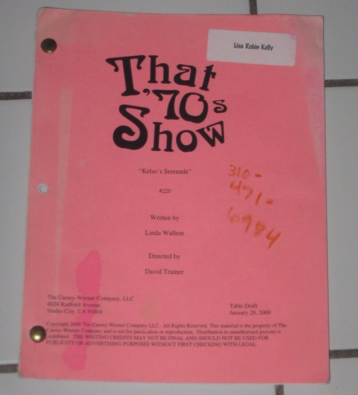 "that 70s Show" Original Table Draft Production Script For "kelso's Serenade"