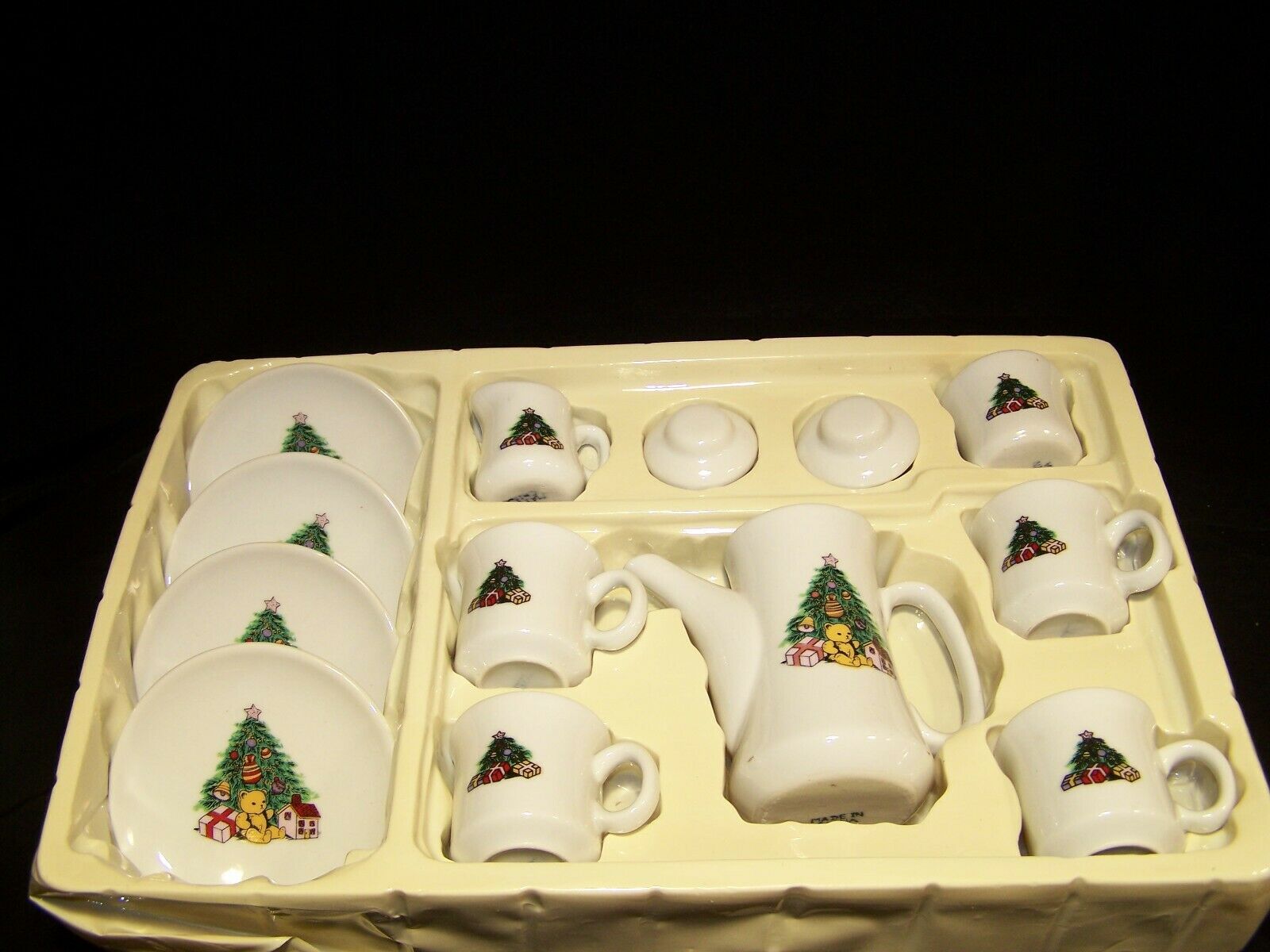 Vintage Childs China Tea Set; Christmas Tree With Bear, 13 Pieces New In Box
