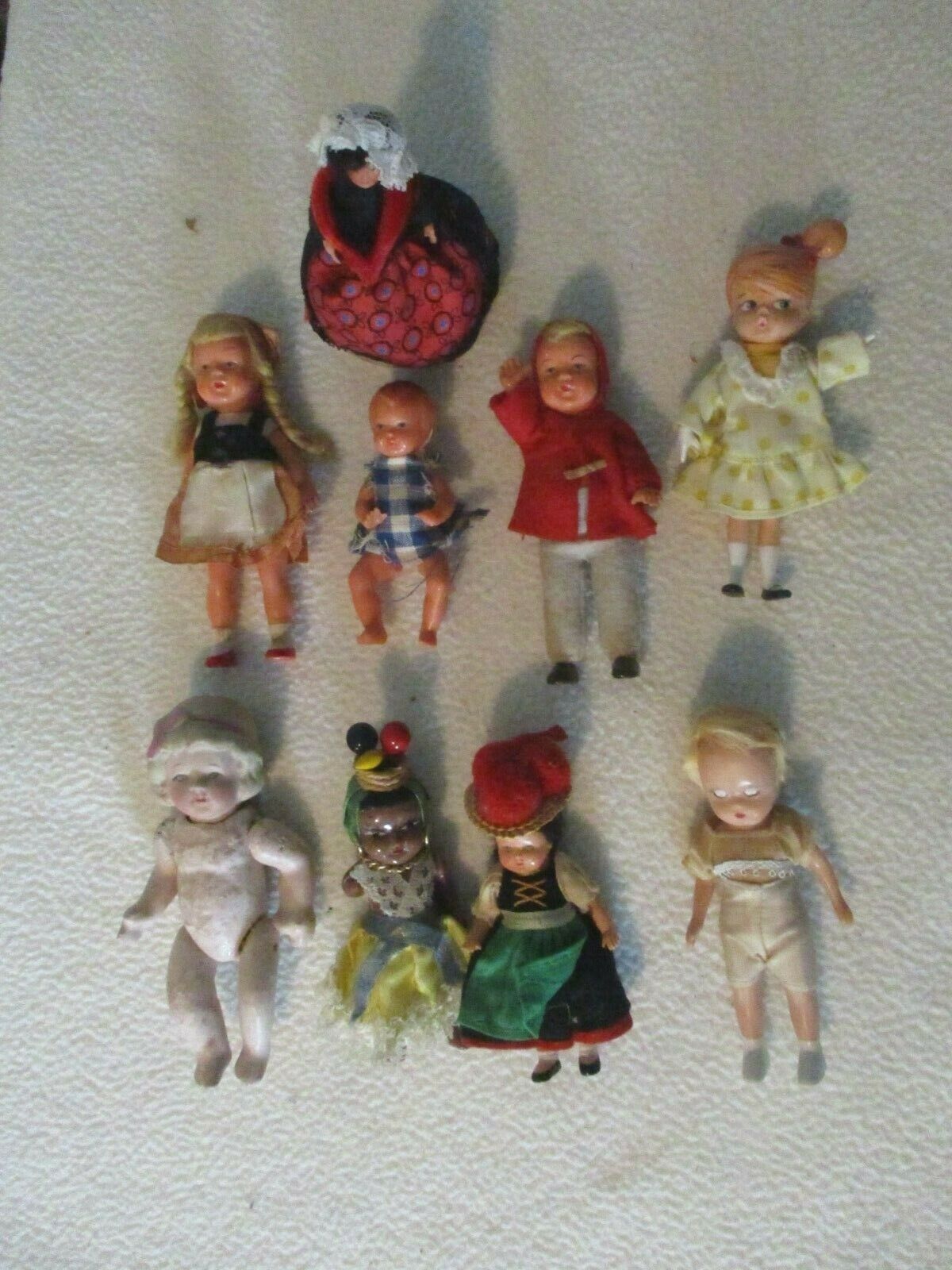 9 Vintage Small Dolls- 1 Bisque Head- 1 Made In France- Storybook Boy-
