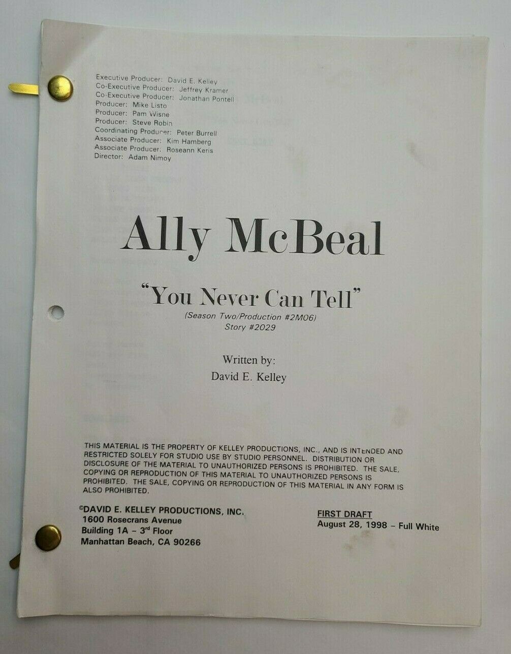 Ally Mcbeal / David E. Kelley 1998 Script, Portia De Rossi "you Never Can Tell"