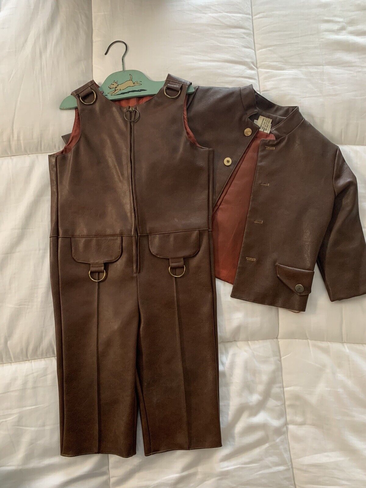 Vintage Moppets Child's Brown Pleather Zip-up Jumpsuit Outfit & Matching Jacket