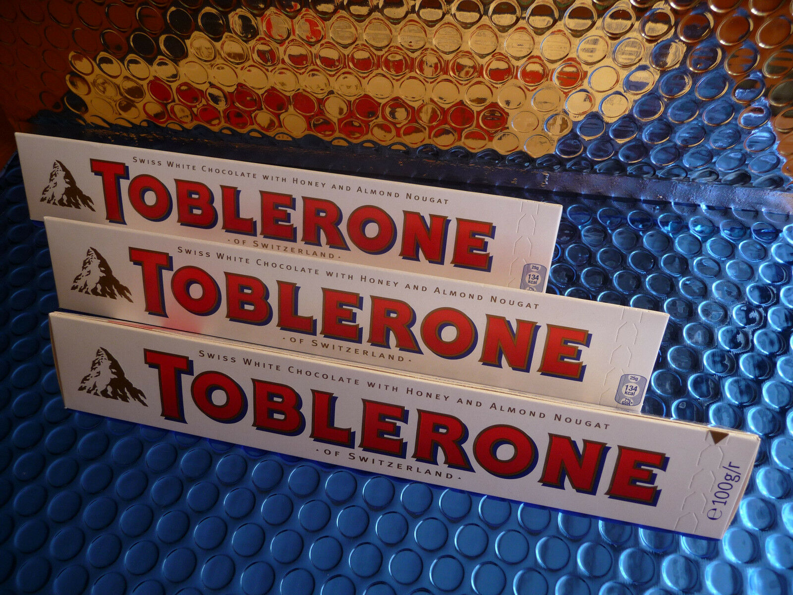 3 X Toblerone White Swiss Chocolate Bar With Honey & Almond Nougat 100g 3.5oz