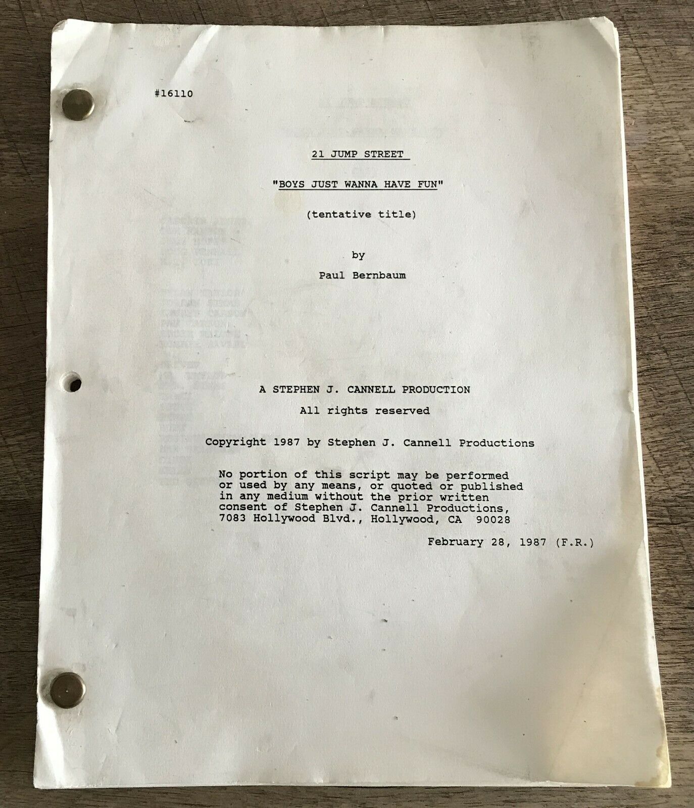 Exc Orig 21 Jump Street First Draft S1 Ep 7 Tv Script Feb 18 1987 Johnny Depp Vg