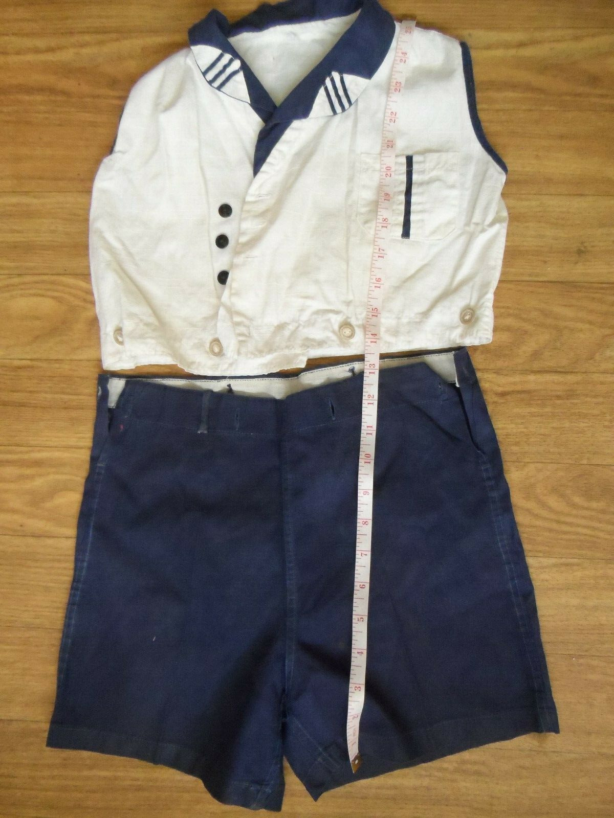 Antique! Toddler 2 Piece Navy Blue  & White Sailor Top & Shorts Set Large Dolls