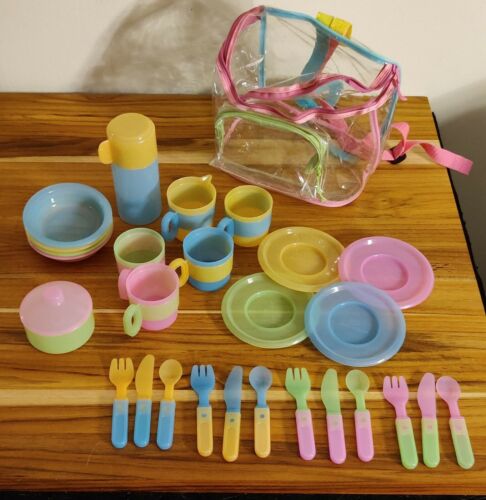 Vintage Neon Child Size Plastic Play Dishes Chilton Cdi With Clear Backpack