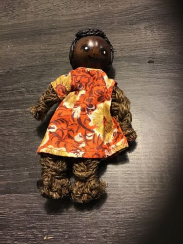 Vintage Doll Braided Rope Body And Hair Wooden Head Painted Face Island Dress