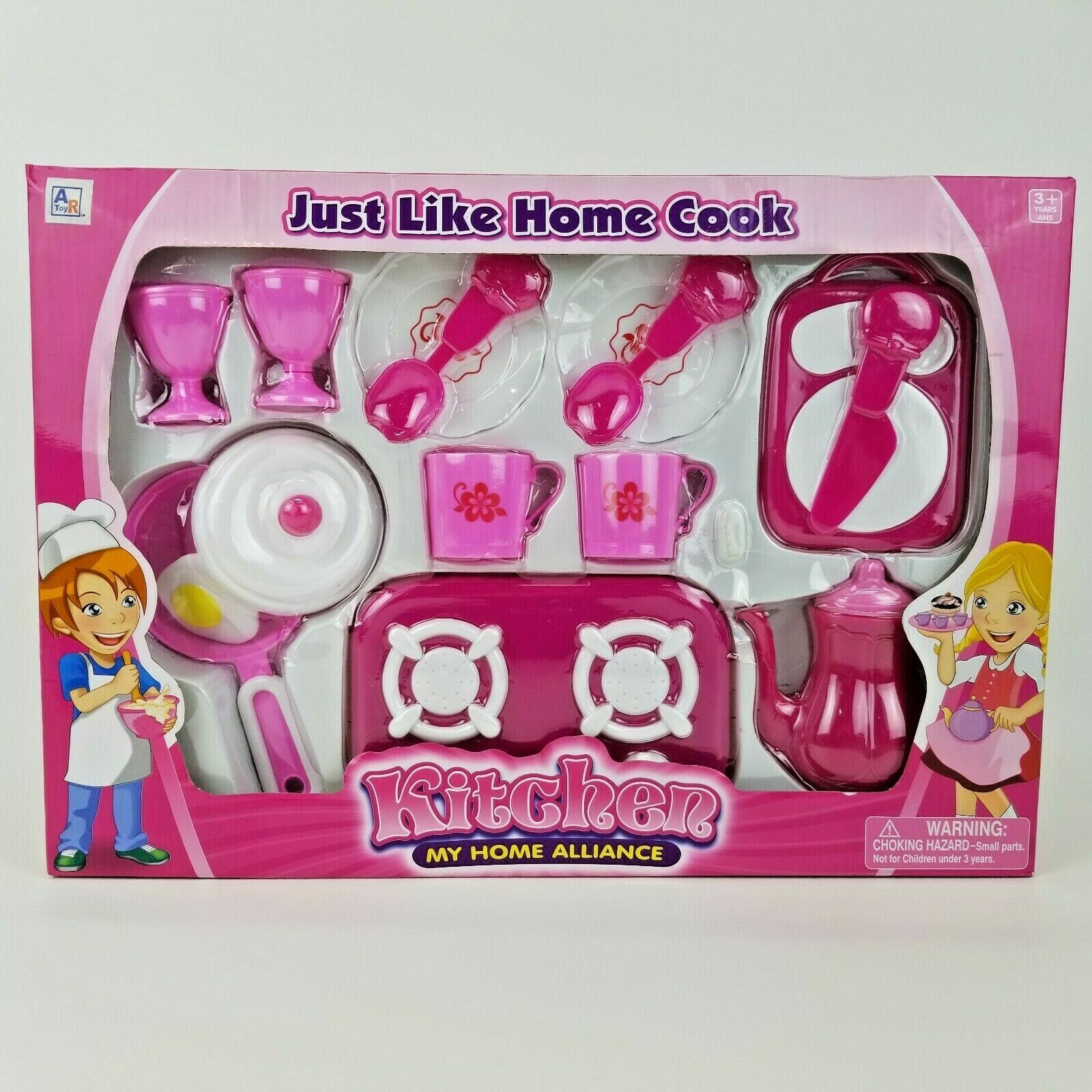 Girls Pink Pretend Play Kitchen Cooking Set Stove Pan Dishes Tea Coffee Pot 3+