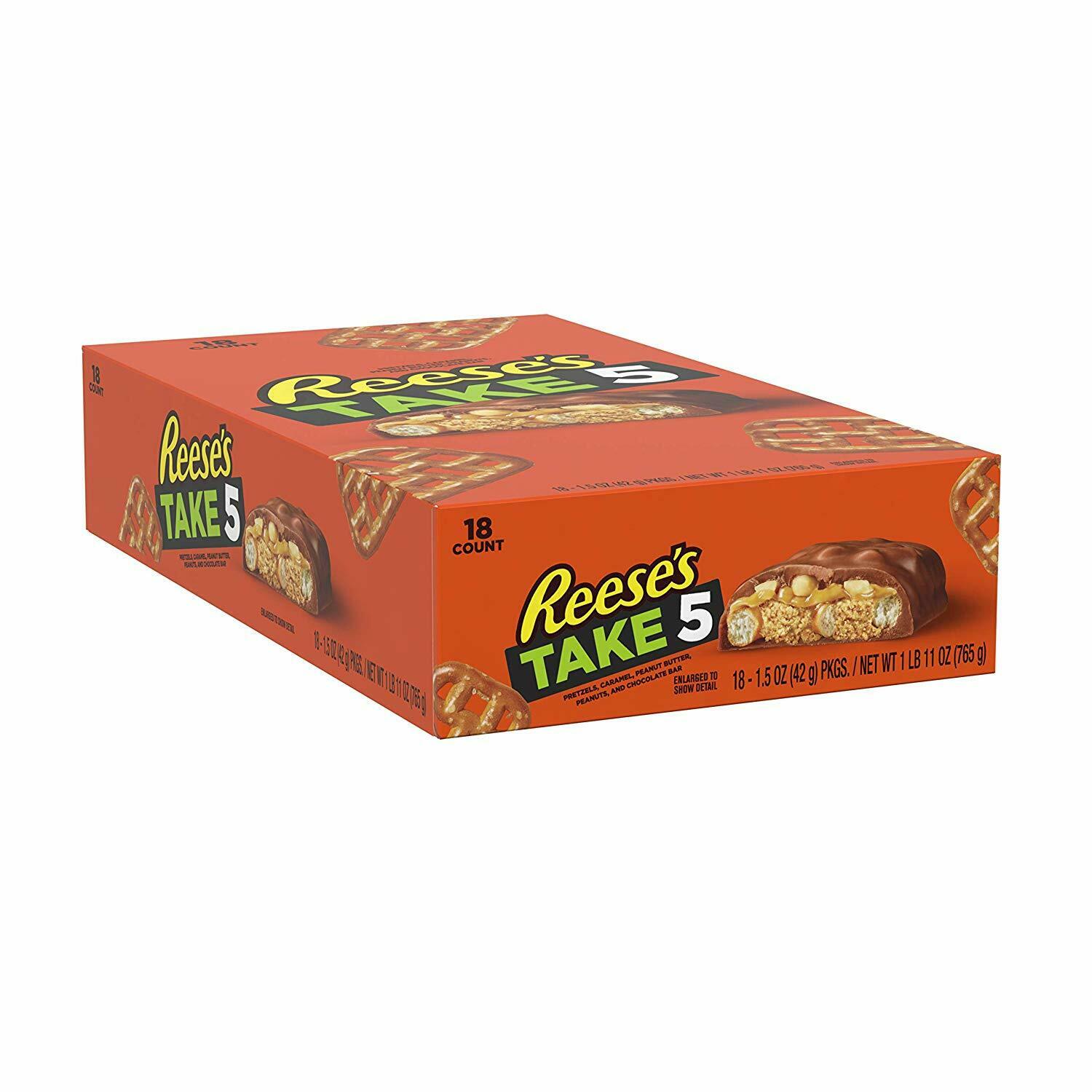 Reese's Take 5 Candy Bar 18ct Box- Pretzels Choc Caramel Pb Nuts -free Shipping