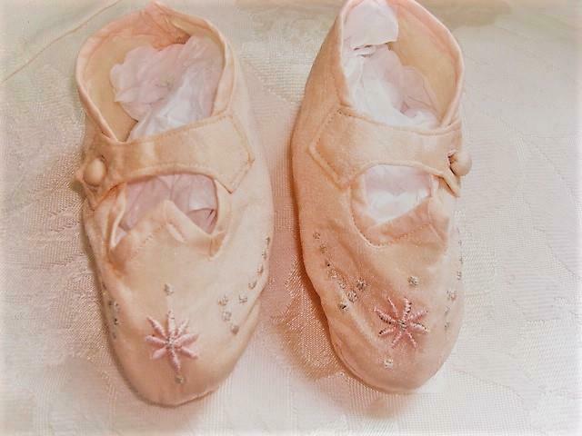 Vintage Pale Pink Silky Baby Shoes Booties With Embroidery And Button Strap