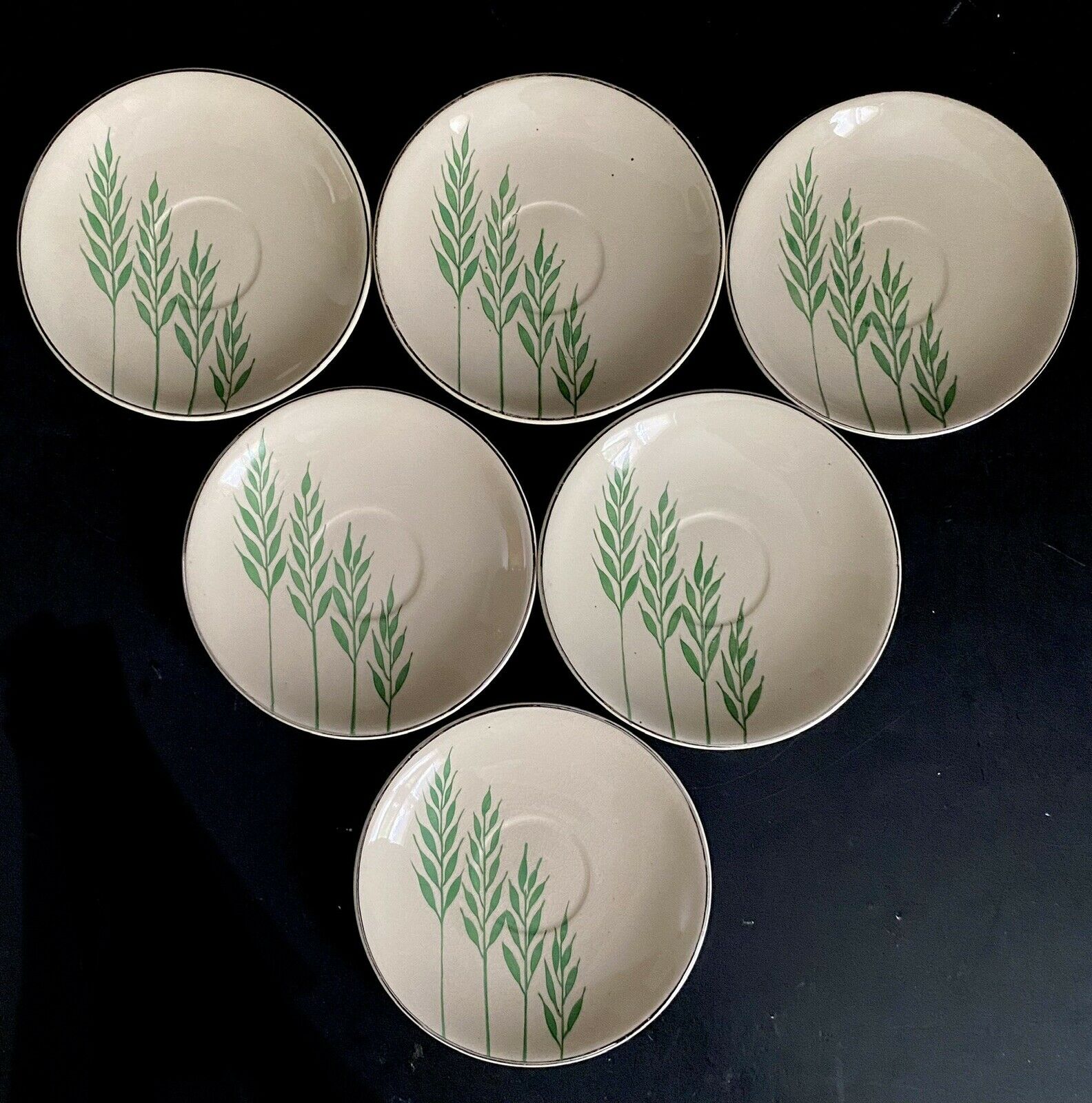 Saucer Plates Leigh Ware Green Wheat 5” Vtg Art Deco Set 6 Leigh Potters