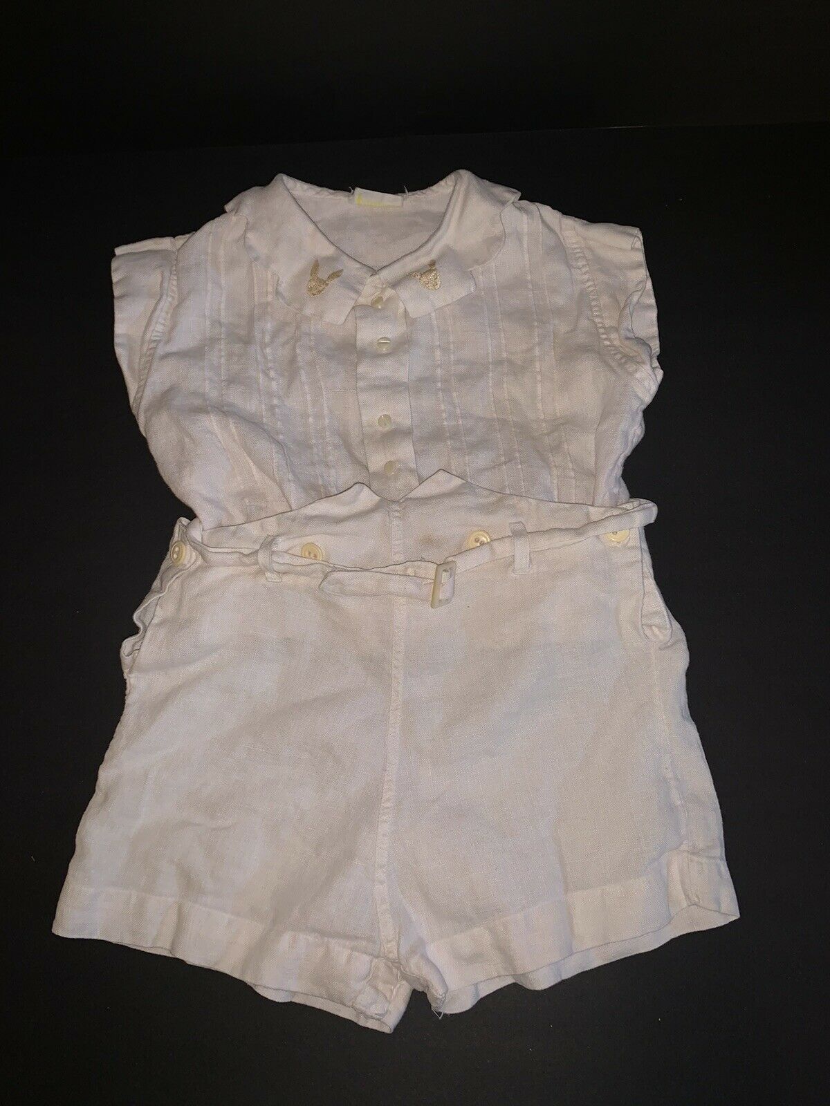 Vintage Baby Outfit Stantogs White Shorts Shirt Button Together Bunny Collar