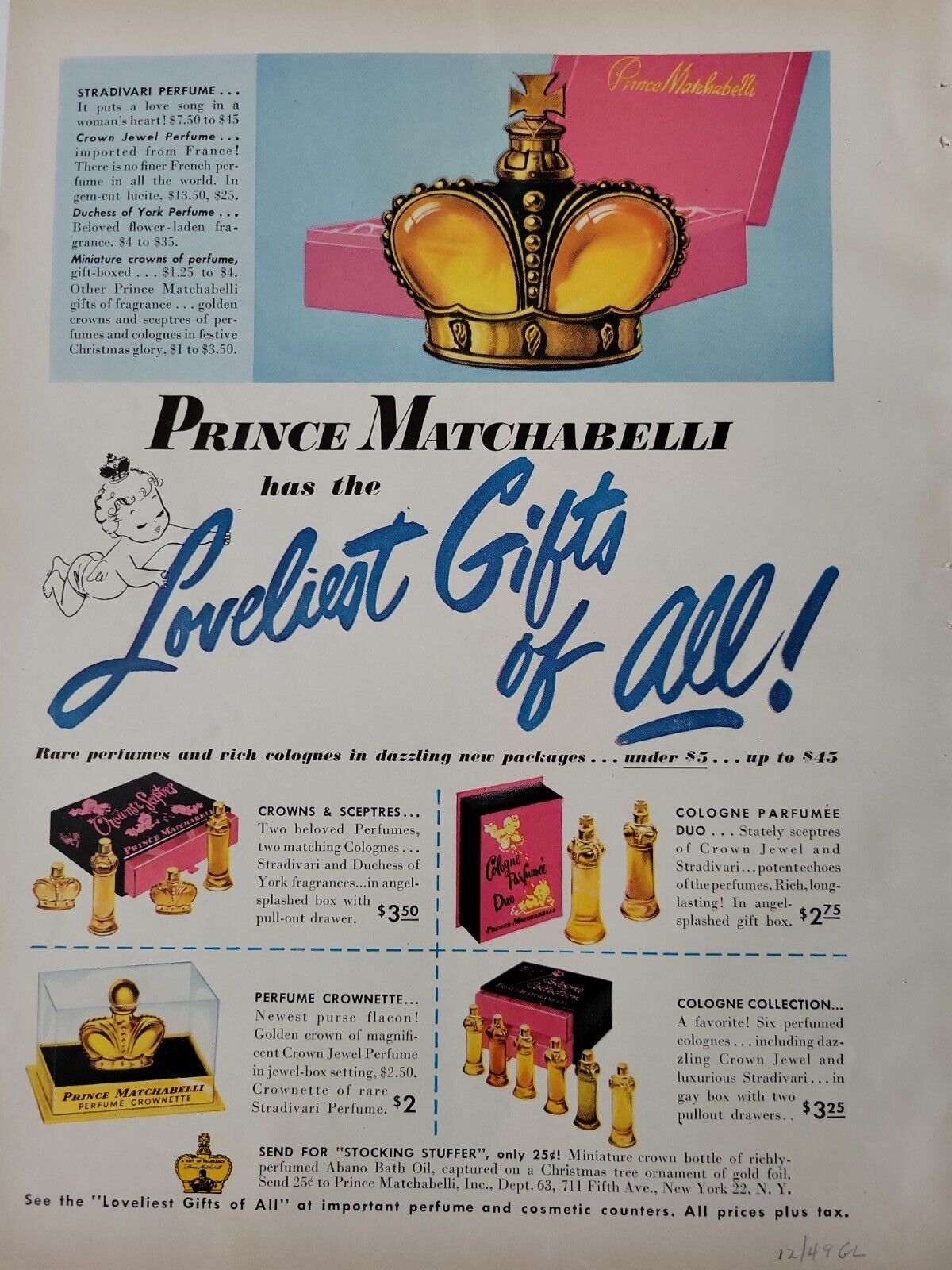1949 Prince Matchabelli Cologne Perfume Crown Bottle Vintage Ad