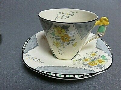 Hp Burleigh Burgess Leigh Imperial Shaped Art Deco Tea Cup Saucer Flower Handle