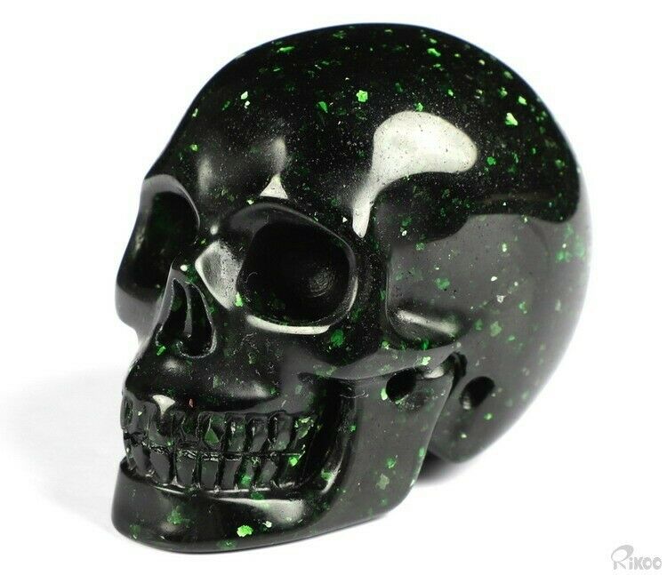 2.0" Green Goldstone Carved Crystal Skull, Realistic, Crystal Healing