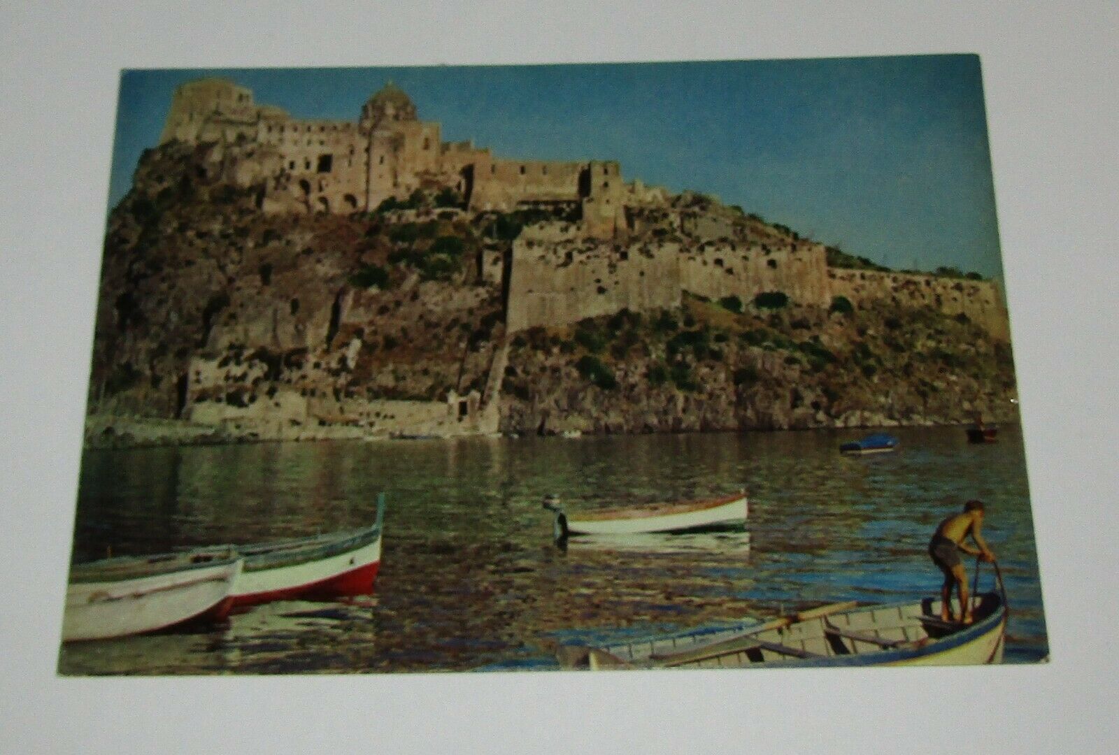 Ischia Italy Postcard Aragonese Castle Boats In Water Gulf Of Naples Vintage