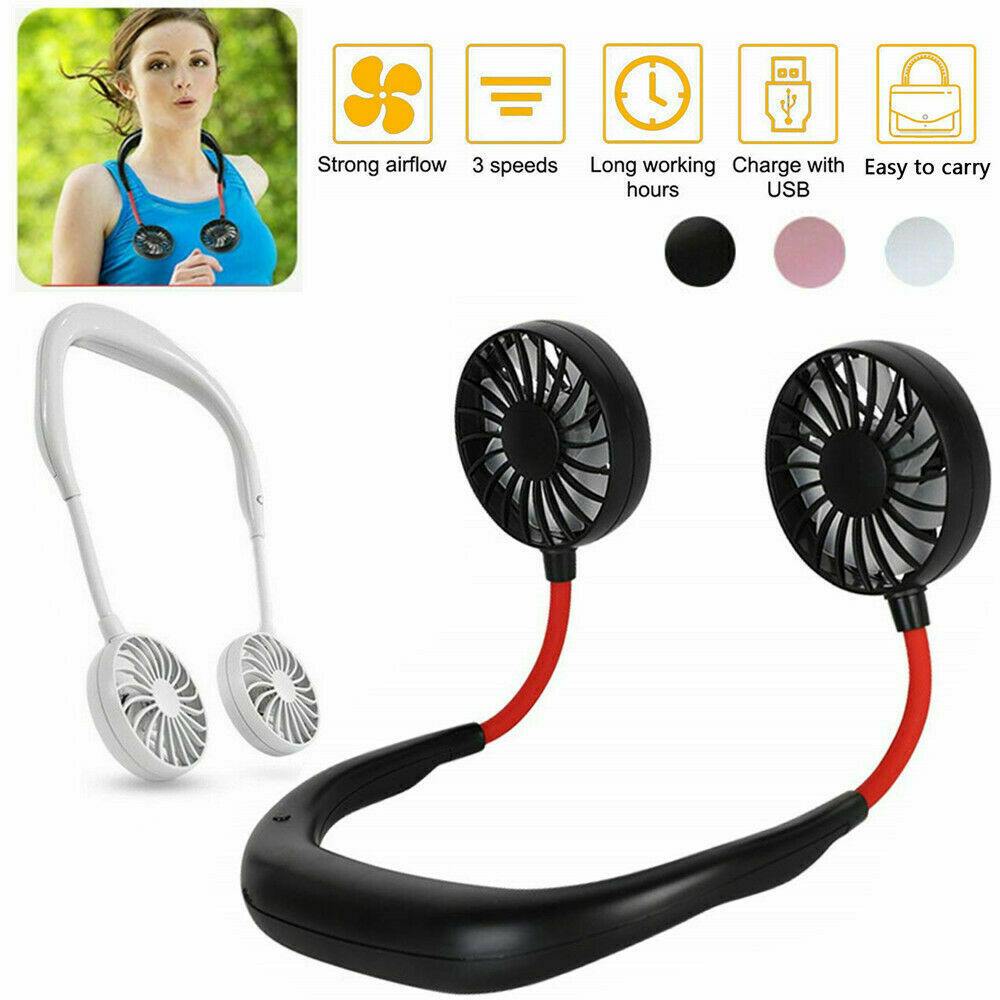 Portable Usb Rechargeable Neckband Dual Cooling Mini Fan Lazy Neck Hanging Style