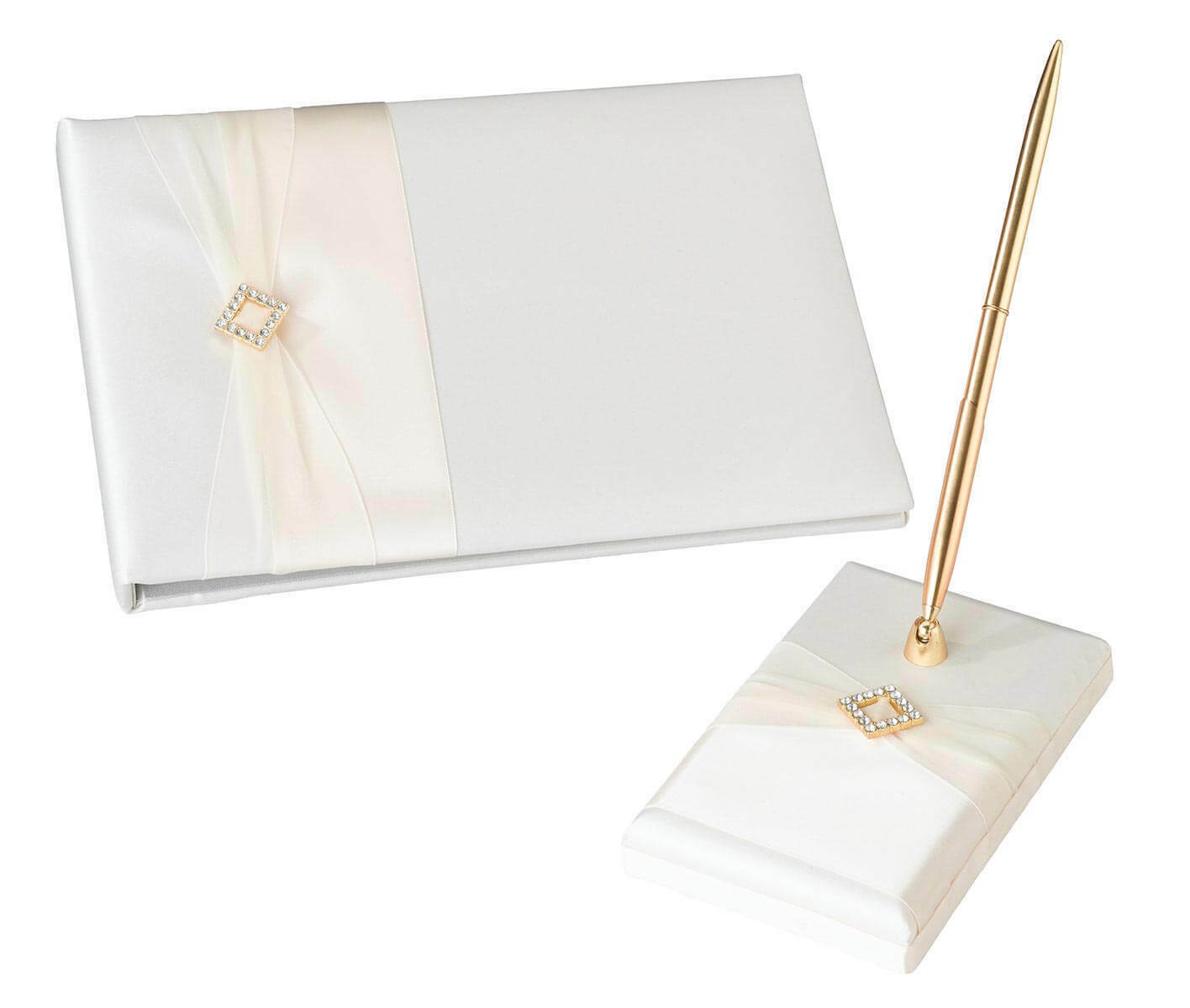 Ivory Satin Wedding Guest Book And Pen Set