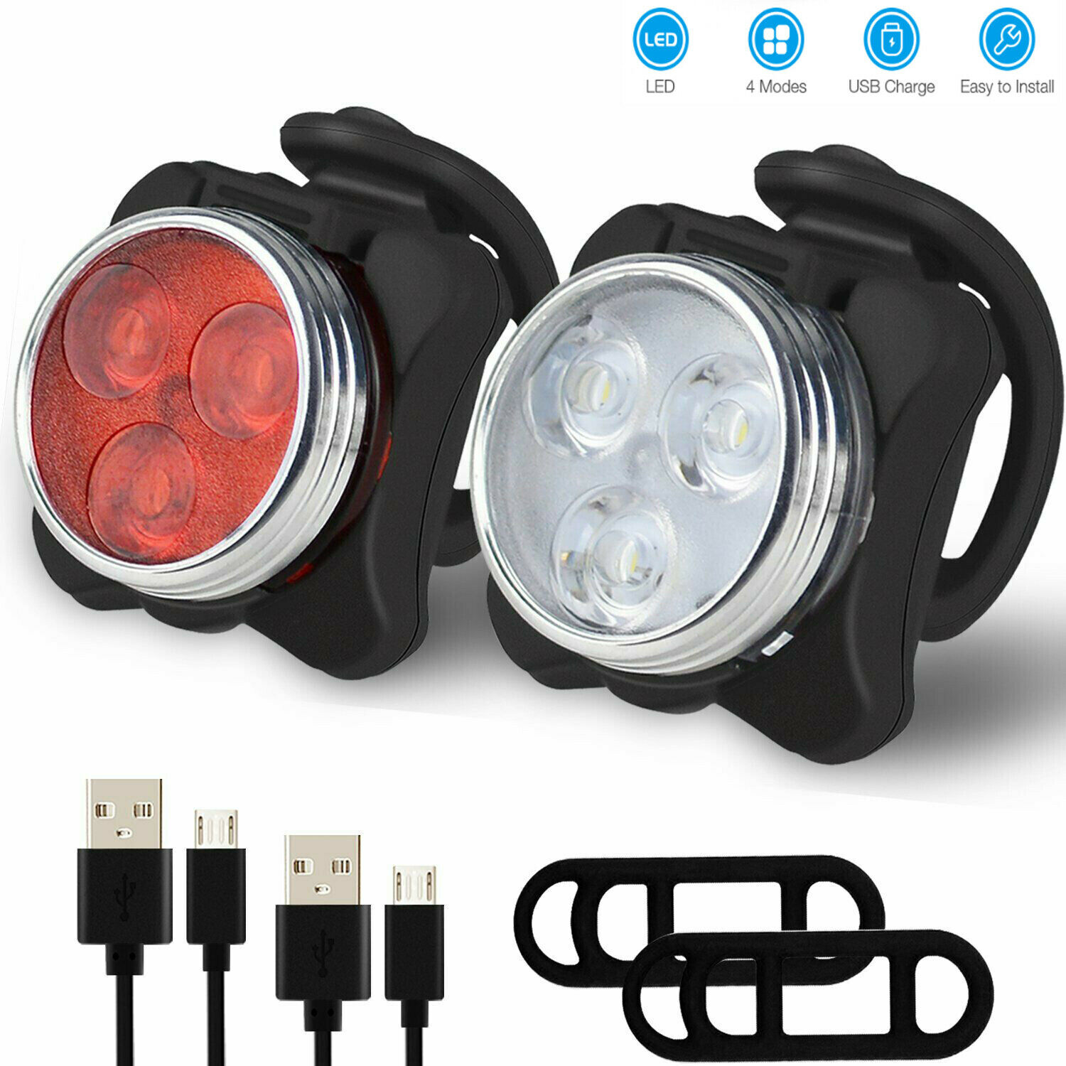 2×usb Rechargeable Led Bike Lights Set Headlight Taillight Caution Bicycle Light