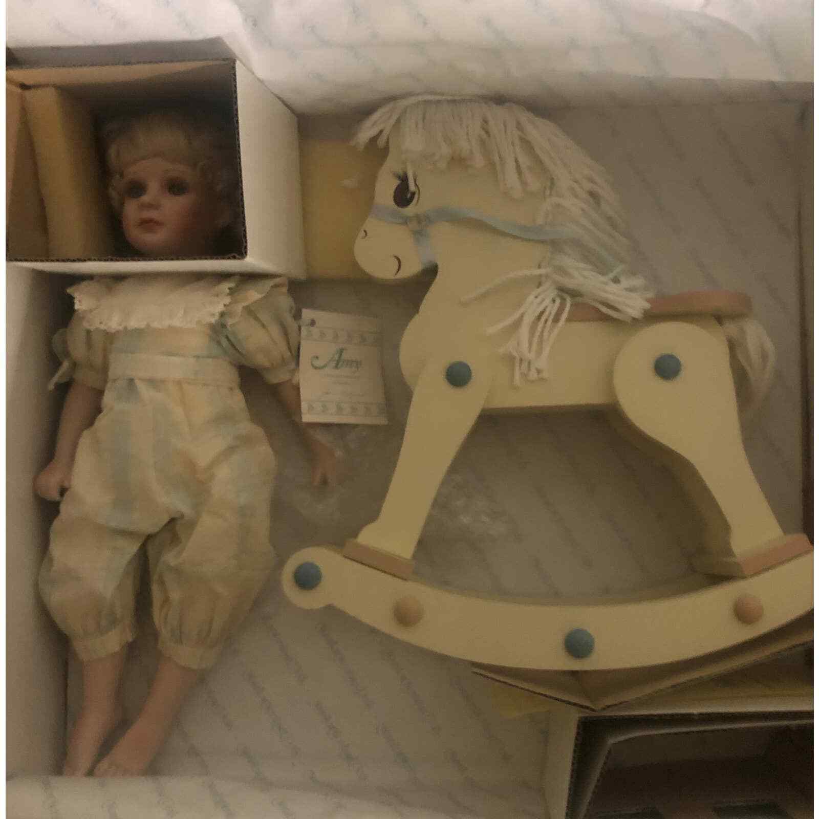 The Hamilton Heritage Porcelain Doll "amy" With Wooden Rocking Horse- Mint Iob