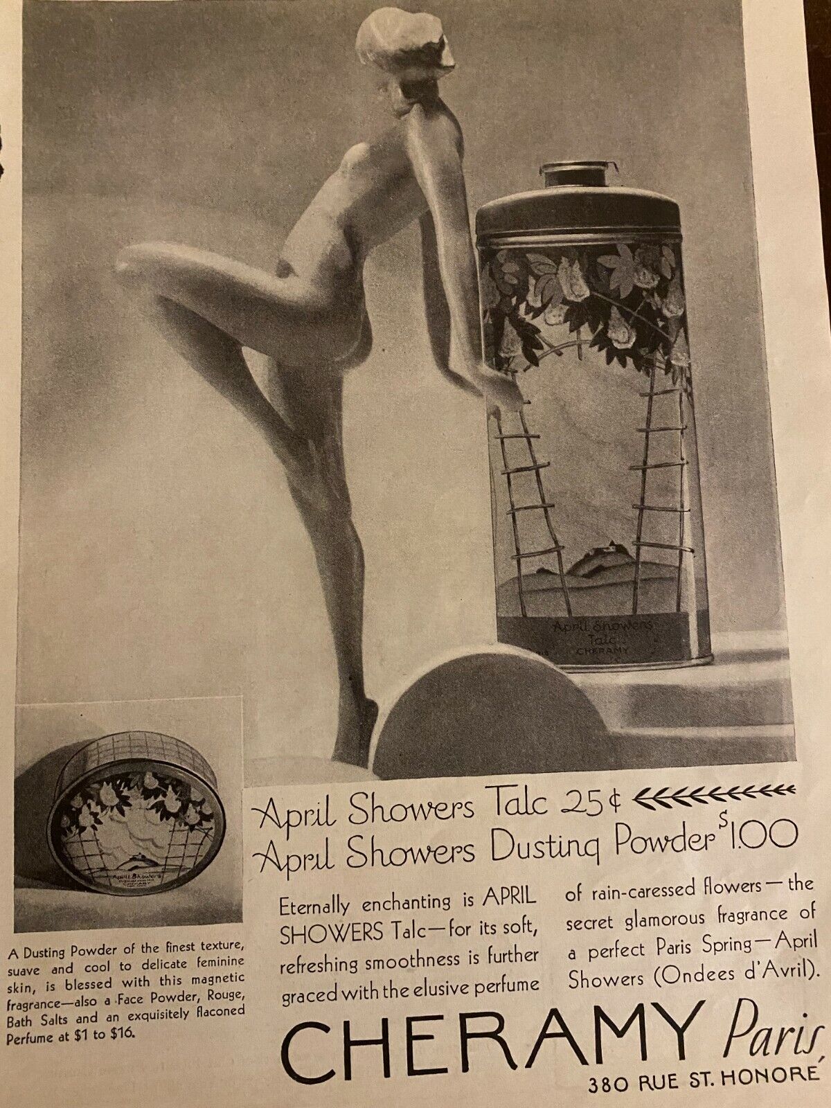 Cheramy Perfume, April Showers Dusting Powder, 1929, Full Page Vintage Print Ad