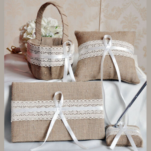 4 In All Linen Cover Wedding Guest Book + Pen Set + Flower Basket + Ring Pillow