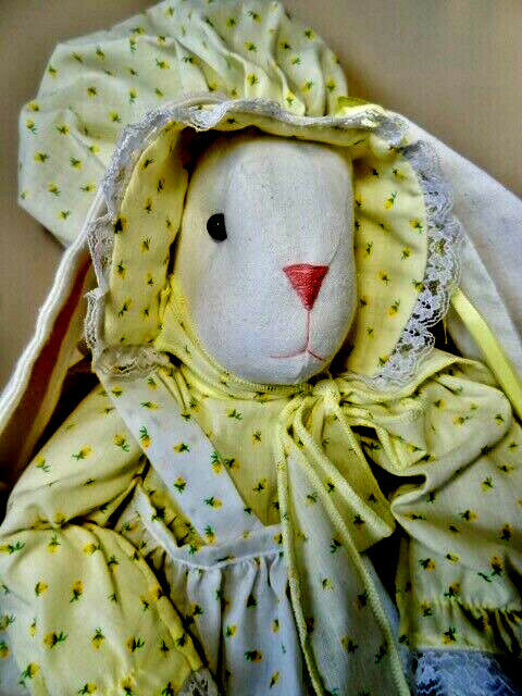 Handmade Cloth Rabbit Doll With Long Ears And Yellow Gingham & Lace Outfit
