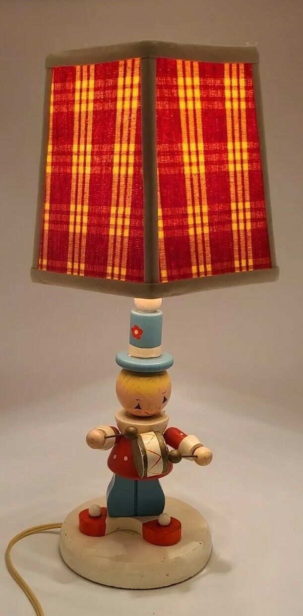 Vintage Wooden Drummer Clown Nursery/ Child's Lamp W/ Shade *works