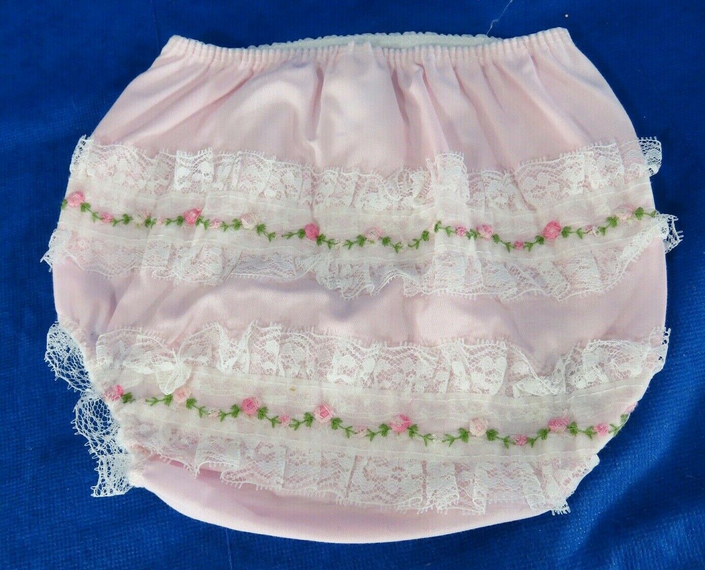 Vintage Pink Frilly Panties Diaper Cover Rhumba White Lace & Flowers 3 Mos. 3m