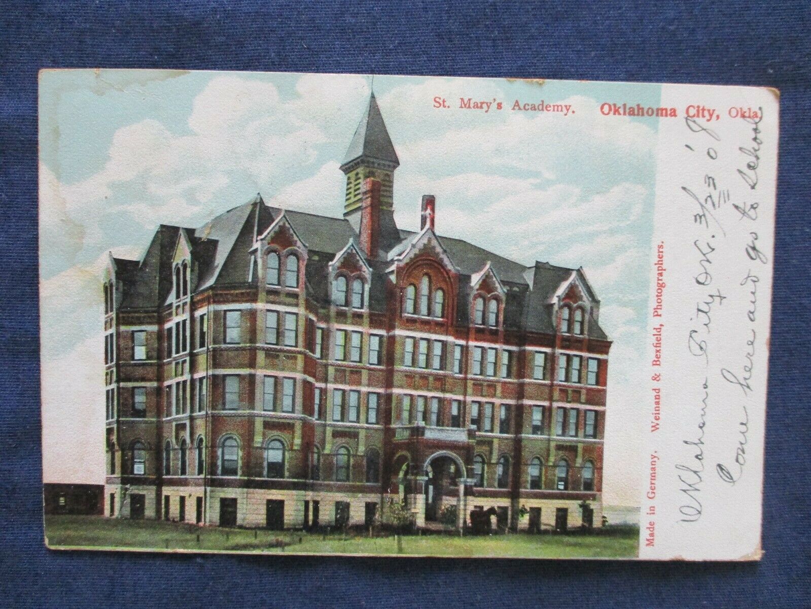1908 Oklahoma City St Mary's Academy Postcard Used To Kansas Rpo Cancel