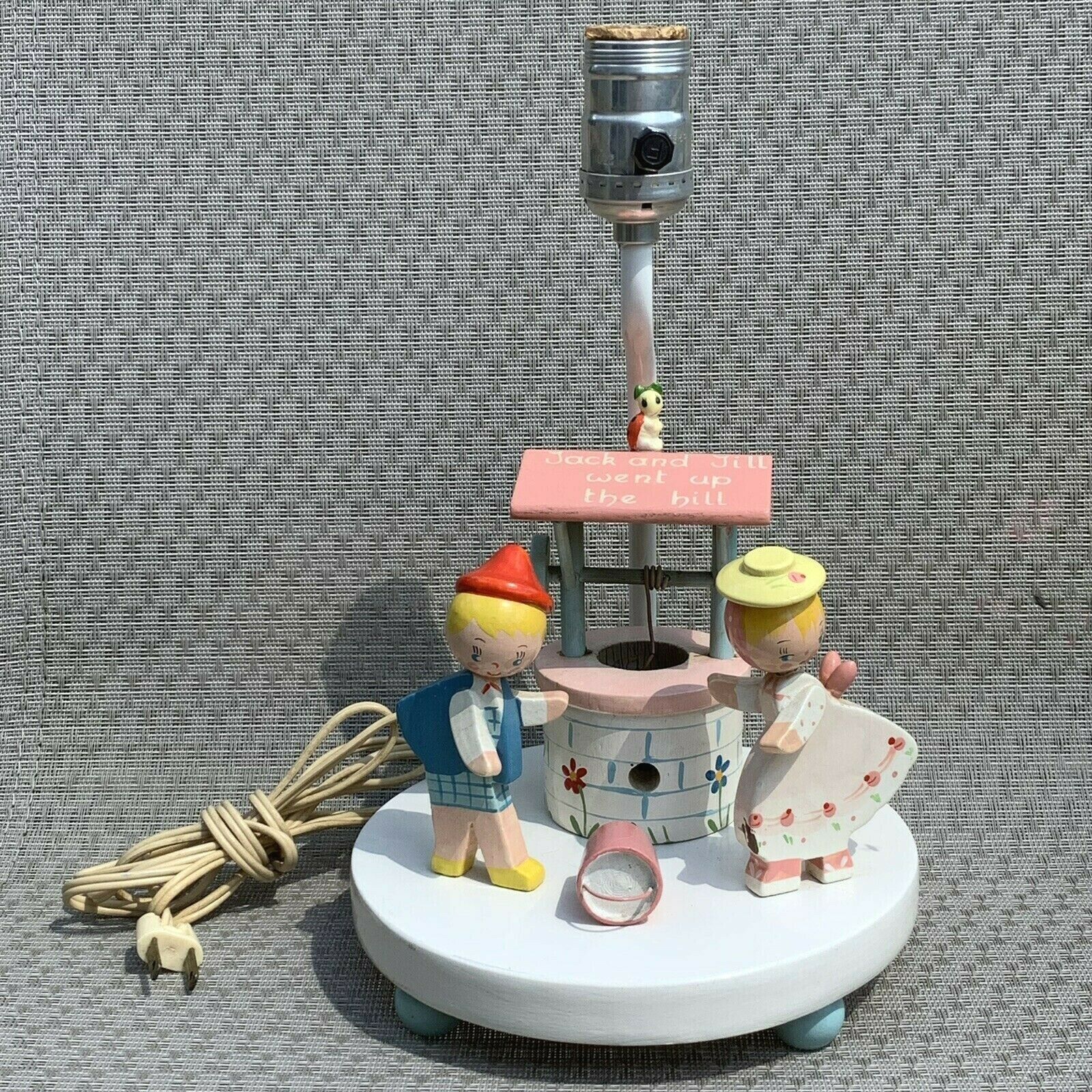 Vintage Baby Nursery Lamp Jack And Jill Water Well Bedside Childrens Light Wood