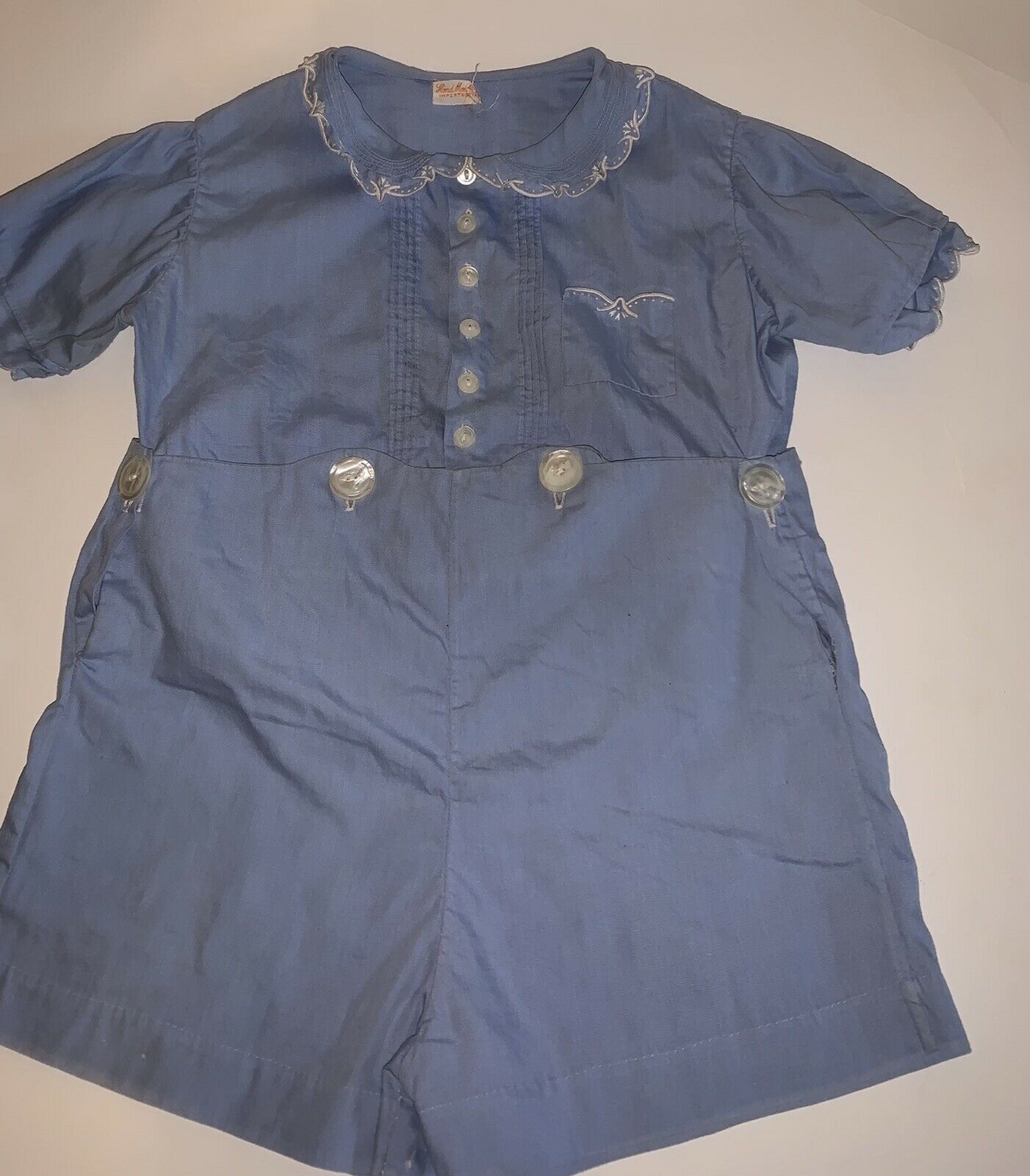 Vintage Baby Outfit Blue Hand Made Imported Fancy Shirt Shorts Button Together