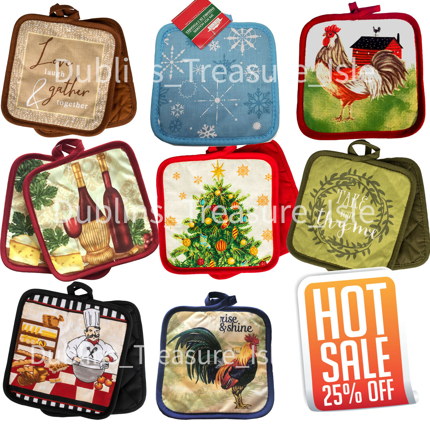 Square Pot Holder Set Heat Resistant Hot Pads Cooking Christmas Holiday Theme