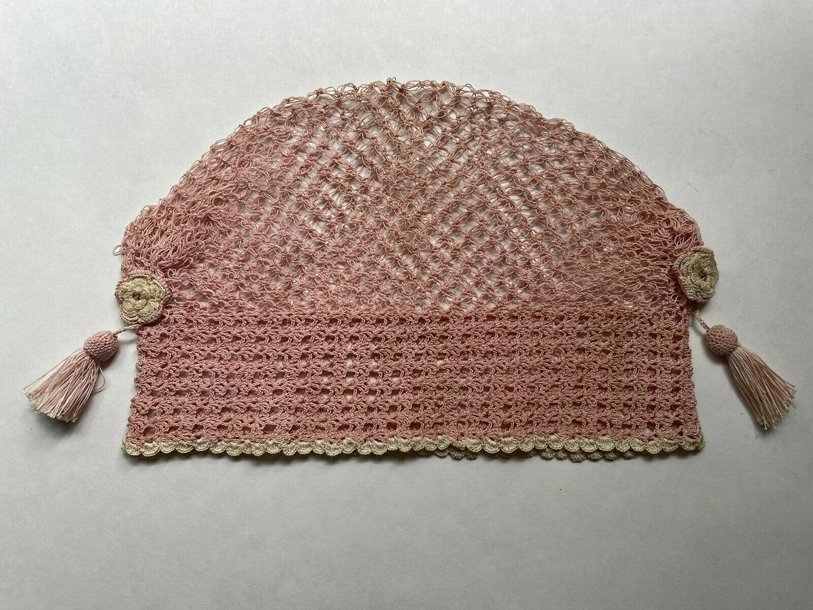 Vintage Antique Baby Doll Small Pink Crochet  Hat Bonnet Tassels 17" Diam