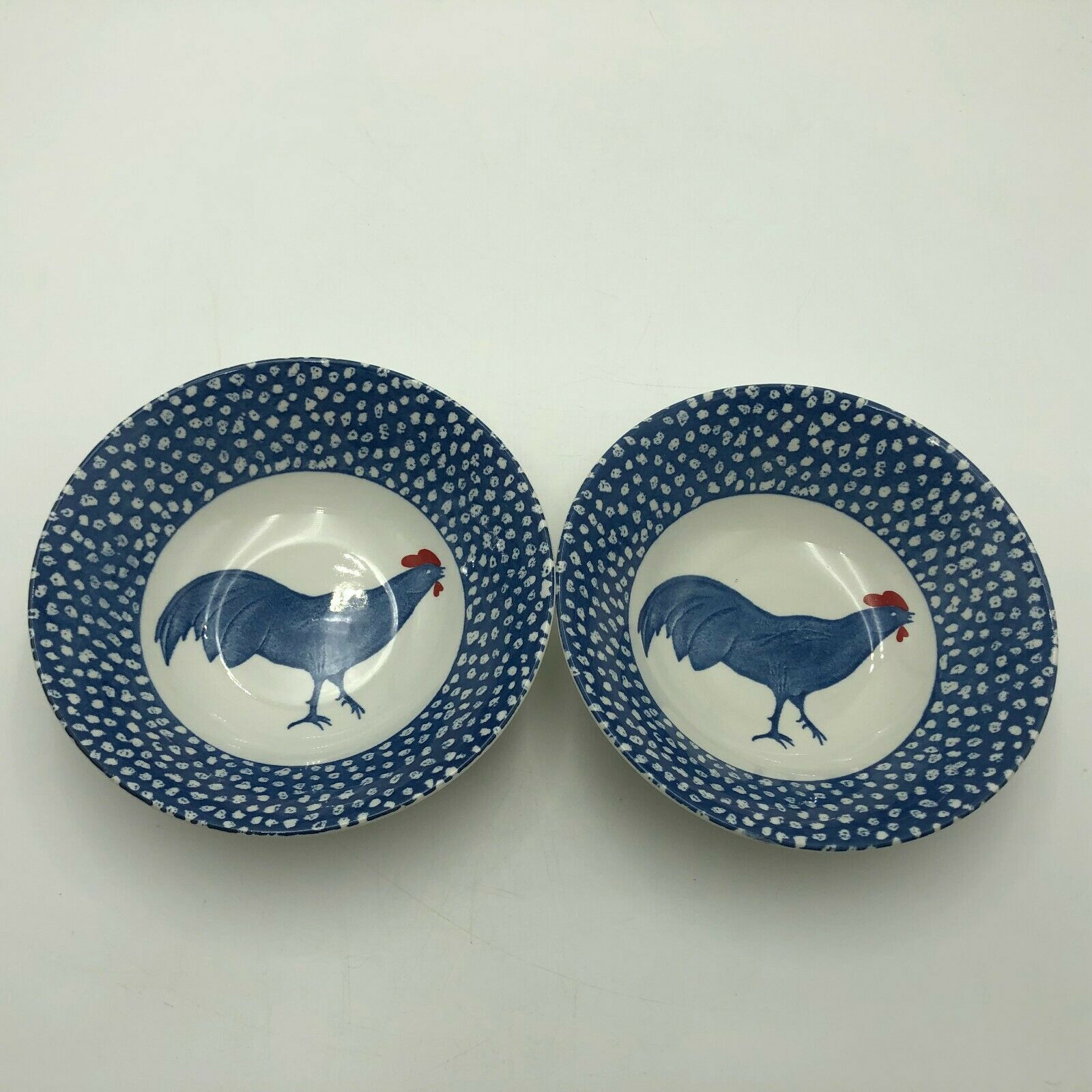Set 2 Soup Cereal Bowls England Chanticleer Burleigh Burgess Leigh Blue Rooster